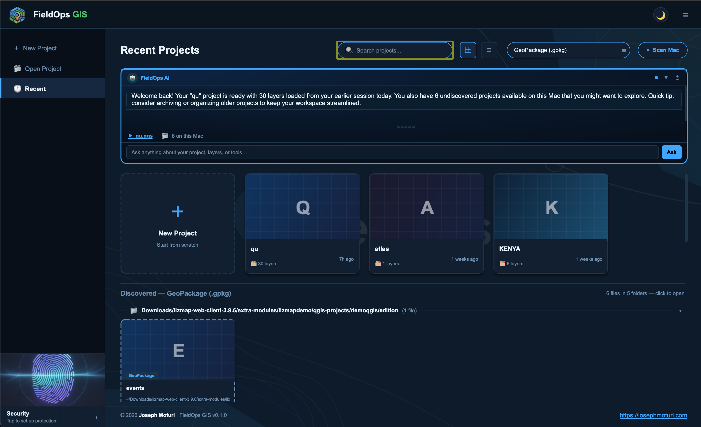 Start page with recent projects and AI assistant
